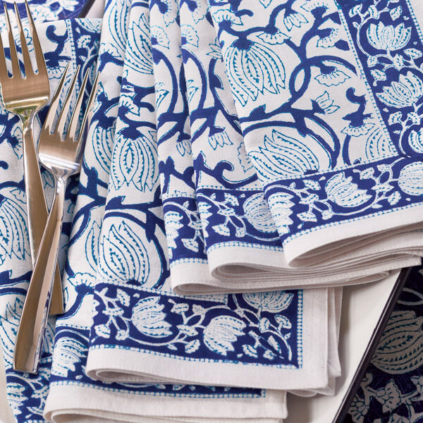 Midnight Lotus blue and white cloth dinner napkins