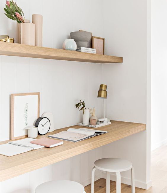 Minimalist shelf decor for the office in a brightly lit space