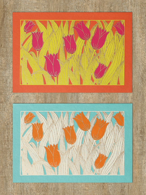 Set of two printed note cards with tulips and tulip leaves
