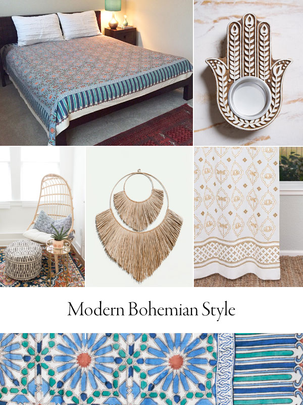 Collage of home decor (Moroccan inspired bedding, hand-carved tea light candle holder, block print curtains, and natural decor) with overlaid text "Modern Bohemian Style" to demonstrate example of this design style