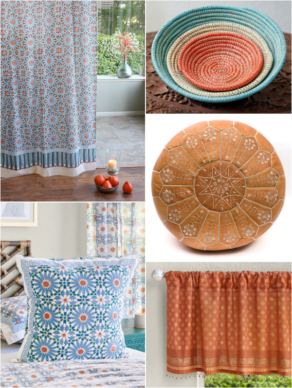 Photo collage showing different decor to pair with Moroccan inspired tile print linens such as woven baskets and a brown leather pouf.