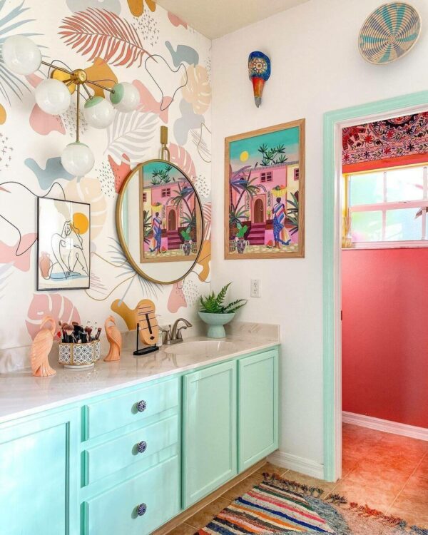 Photograph of a colorful modern bohemian style bathroom with pastel colors