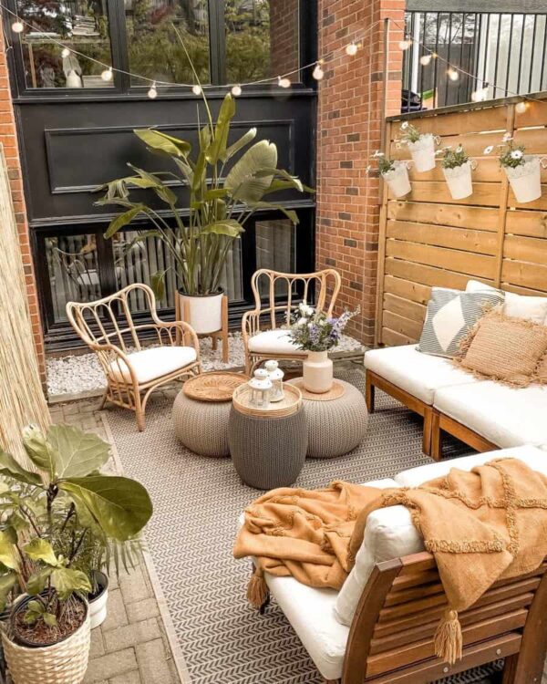 Photograph of a modern bohemian style outdoor living space