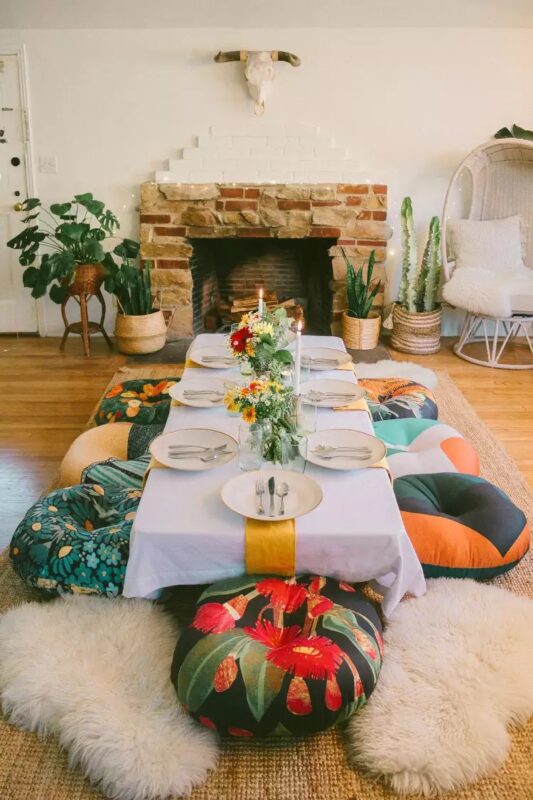 Example of a modern bohemian style dining room setup