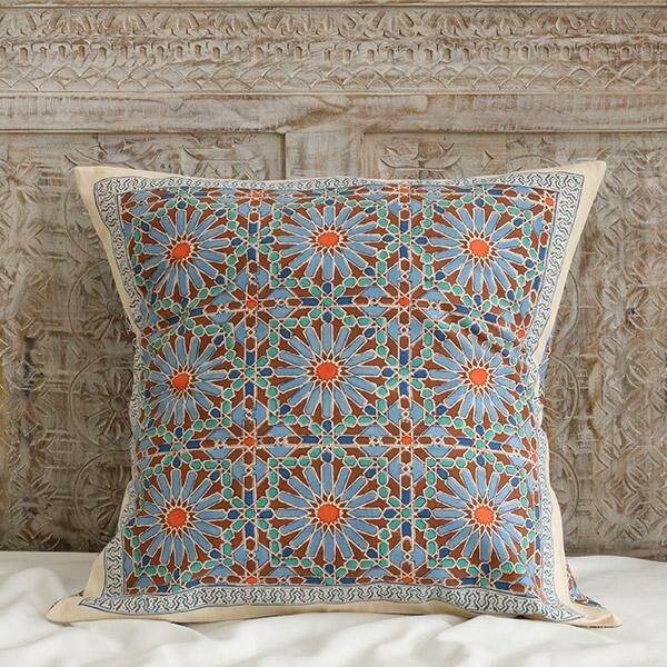Moroccan tile block print euro sham cover for boho style home decor in the living room