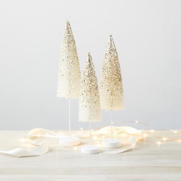 White christmas table decor using frosted pine trees