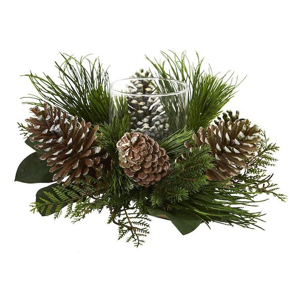 Vintage Christmas table setting decor using pinecone and pine candelabrum