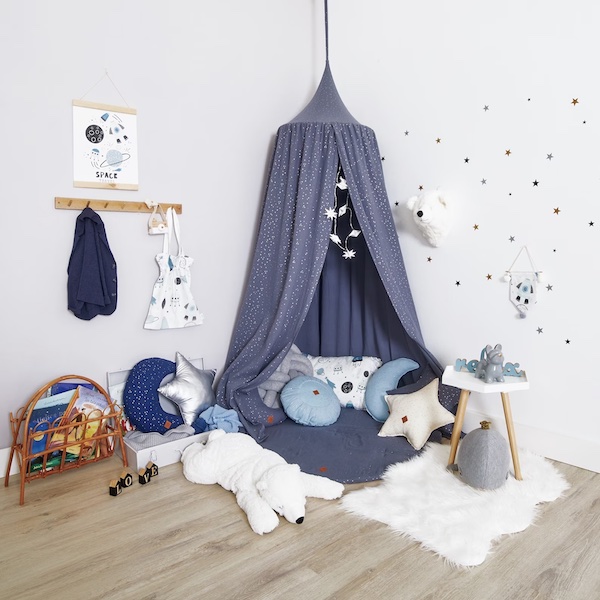 Calming corner for children's bedroom ideas using children's wall art stickers, pillows, and children's bedroom furniture