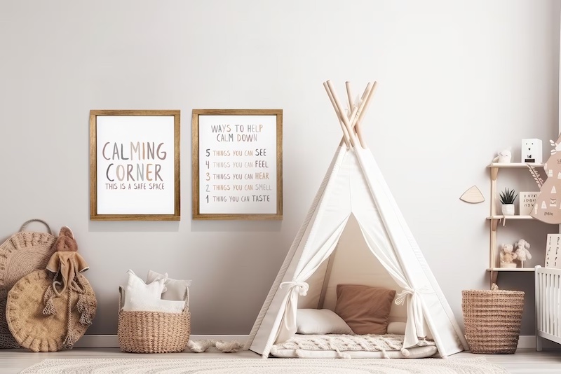 How to style a calming kid's room with linens such as pillows, a rug, and a quilt