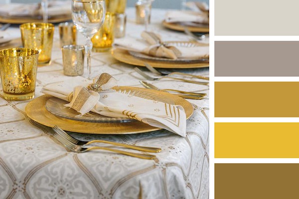 Photograph of a white and gold table setting and a palette collage of golds and creams to demonstrate how to decorate for a winter wedding in a sophisticated way