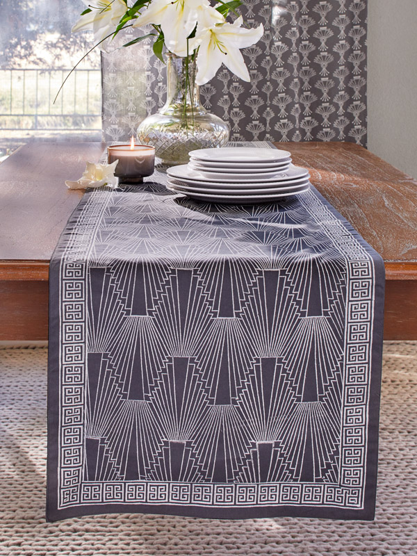 1920 ~ Charcoal Grey and White Art Deco Geometric Table Runner