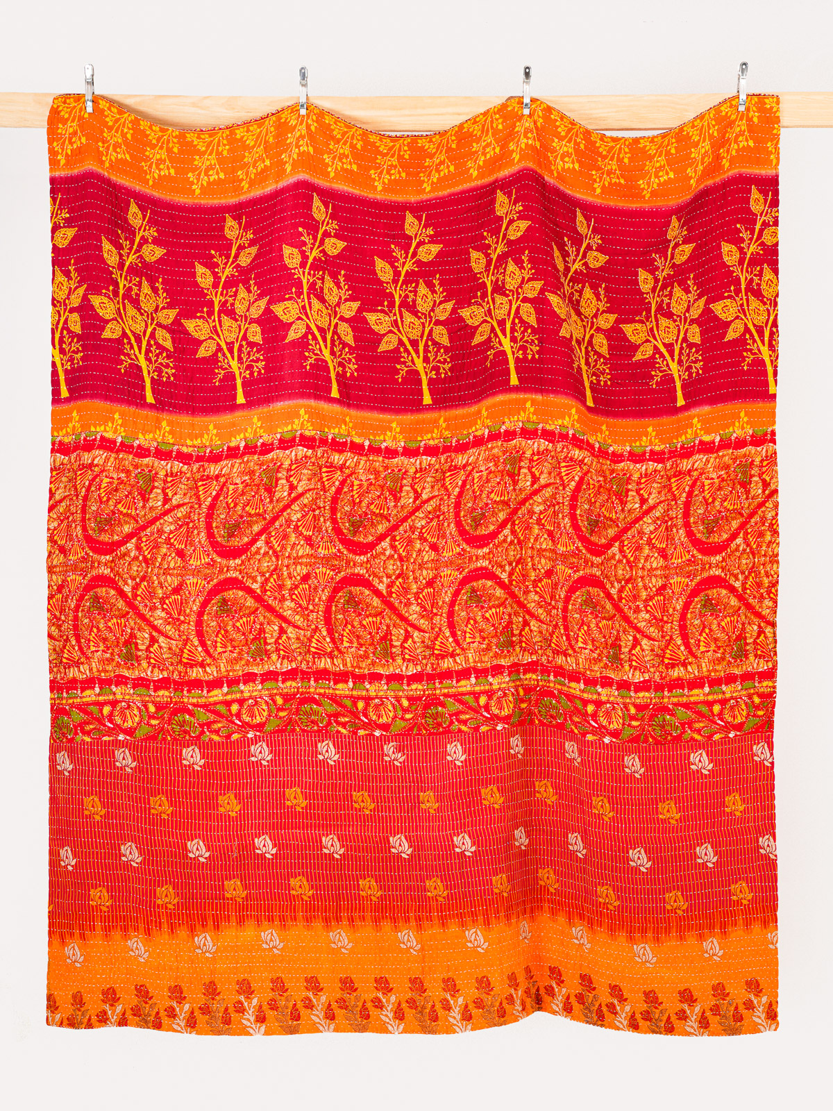Crimson Lotus Courtyard Queen Kantha Quilt