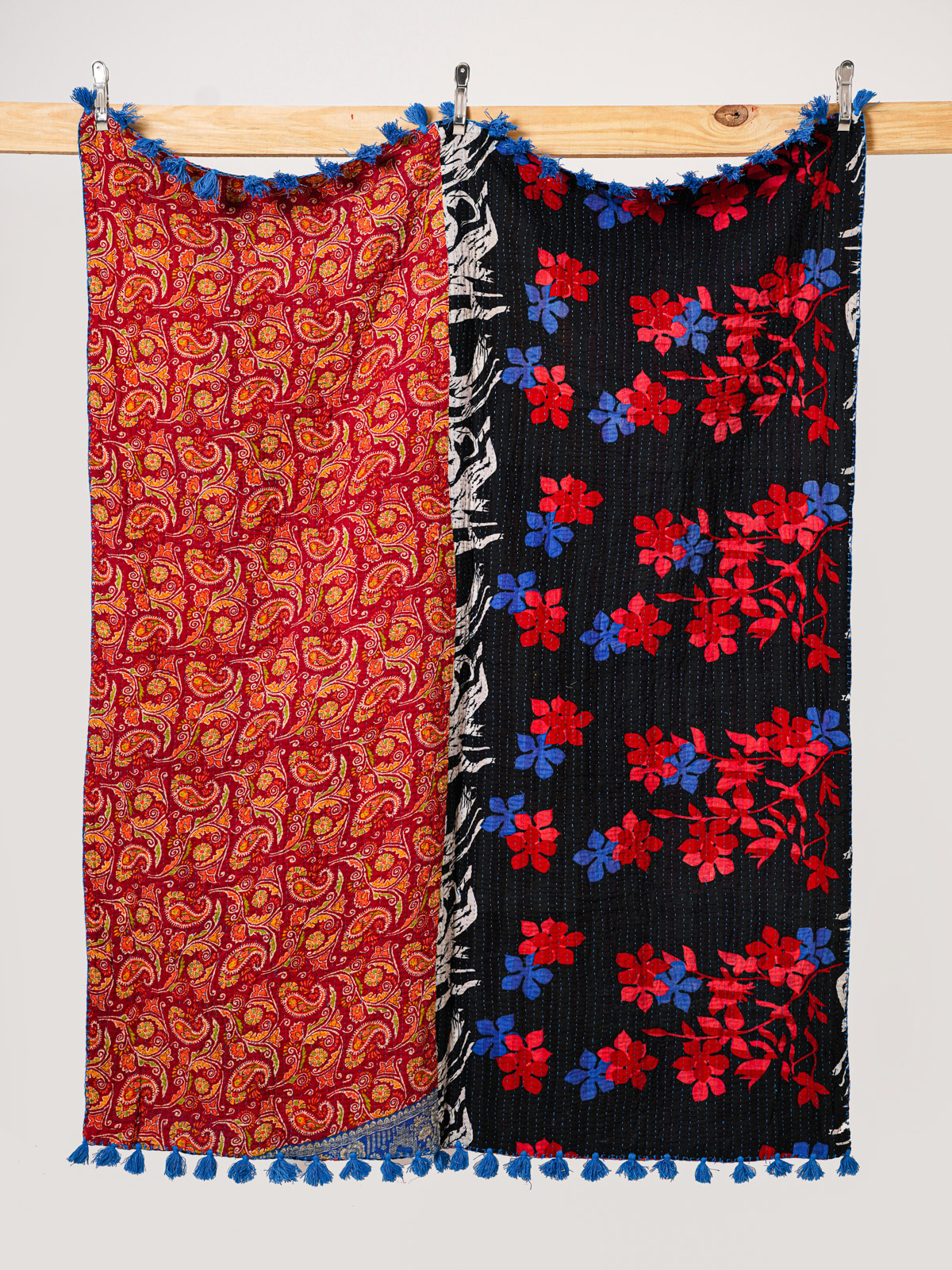 Blue Blossom Retreat Throw Kantha Quilt