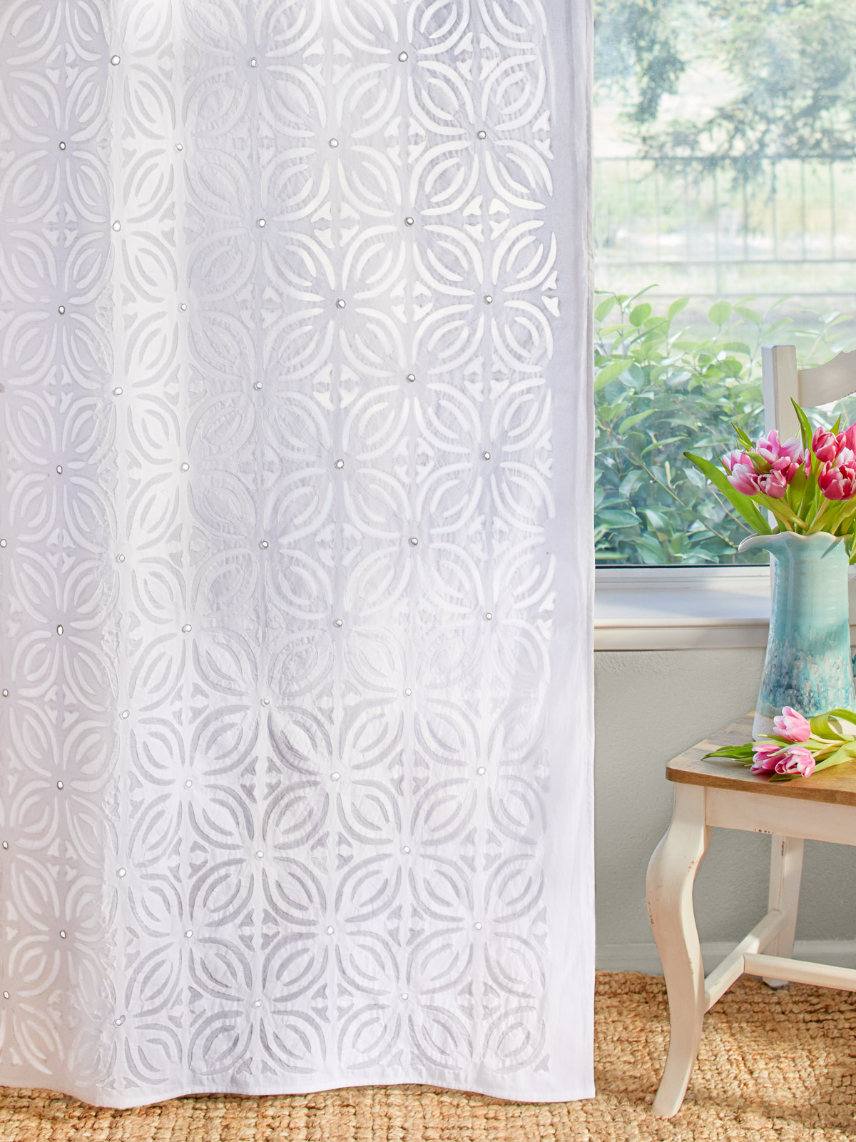 Butterfly Ballet ~ White Applique Embroidered Textured Curtains