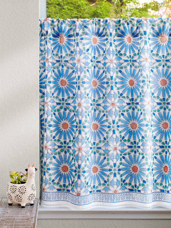 Mosaique Bleue - Sky ~ Moroccan Tile Print Boho Kitchen Curtain