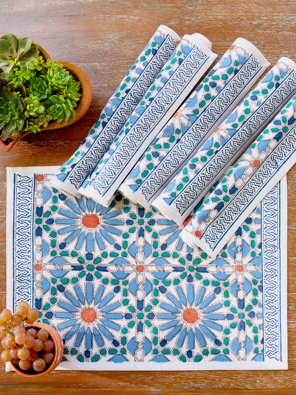 Mosaique Bleue - Sky ~ Blue Tile Print Boho Placemats (Set of 6)