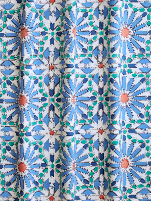 Mosaique Bleue - Sky ~ Blue White Fabric With Boho Tile Print