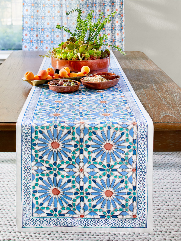 Mosaique Bleue - Sky ~ Moroccan Tile Print Blue Table Runner
