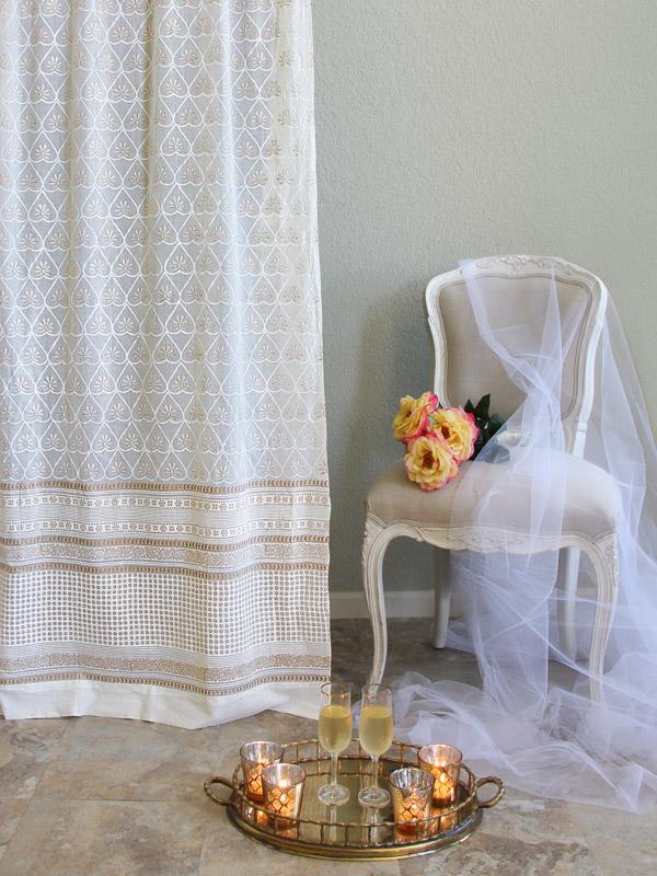 Bridal Veil ~ White and Gold Lattice India Curtain Panel