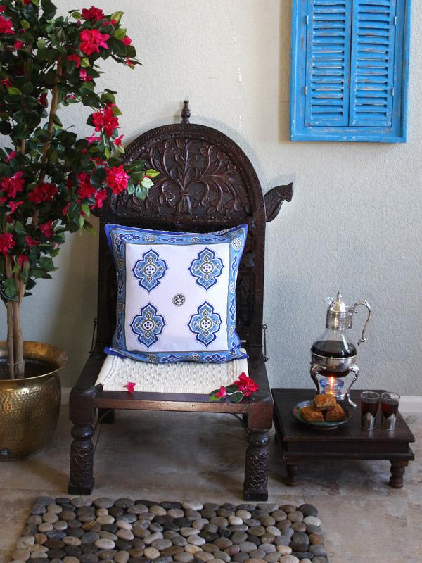 Casablanca Blues - White ~ Moroccan Quatrefoil Cushion Cover