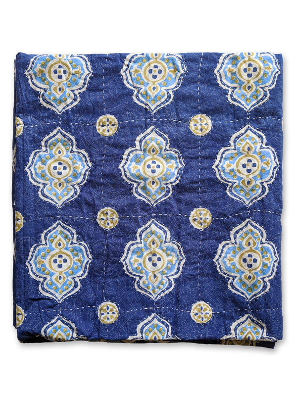 Casablanca Blues - Blue - Moroccan Quatrefoil Quilted Bedspread
