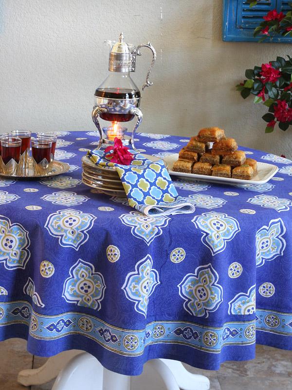 Round Tablecloth Quatrefoil Lattice Moroccan Cornflower Blue Cotton Sateen 