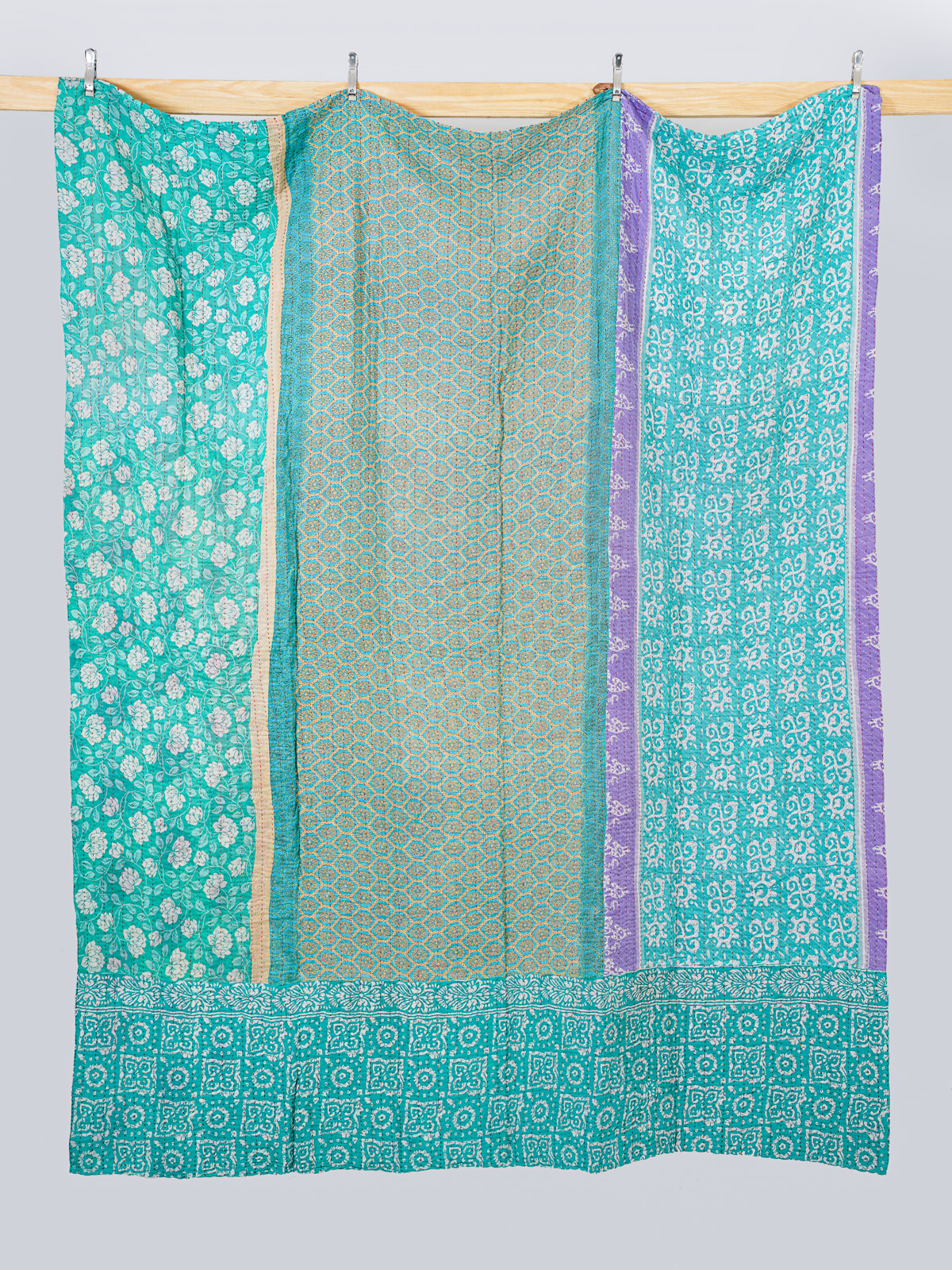 Turquoise Lotus Courtyard King Kantha Quilt
