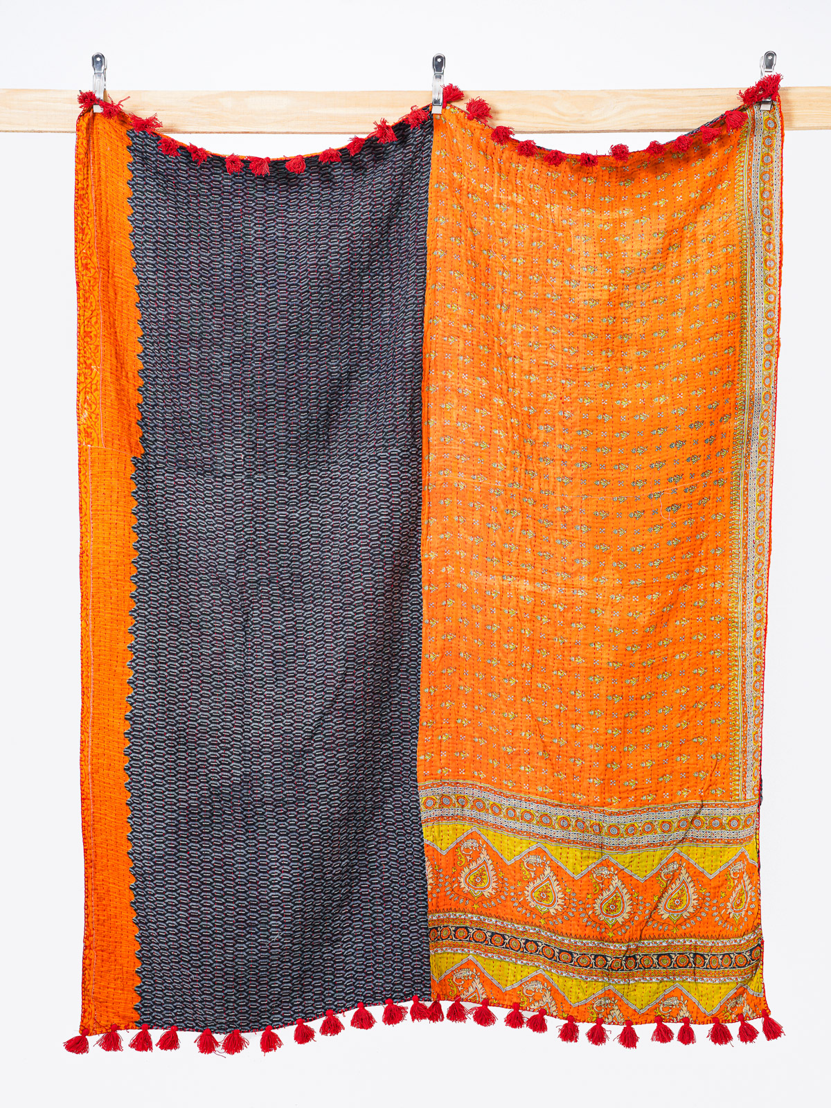 Apricot Navy Paisley Throw Kantha Quilt