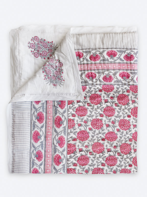 Dahlia Daydreams ~ Pink Floral Romantic  Jaipuri Razai Quilt