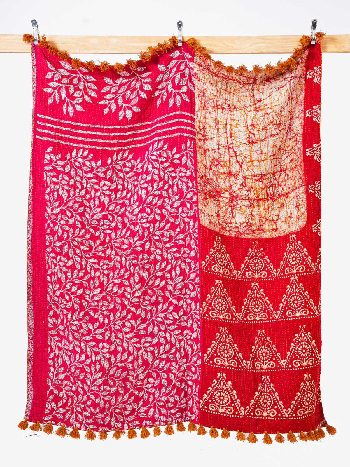 Crimson Leaf Garden Throw Kantha Quilt