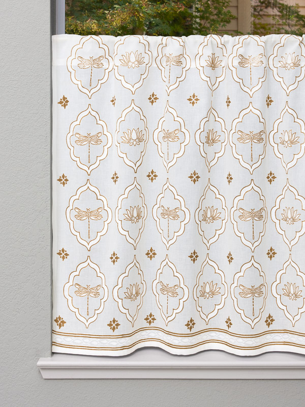 Dragonfly and Lotus ~ White and Gold Kitchen Tier Curtain