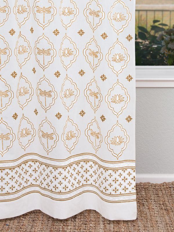 Dragonfly and Lotus ~ White and Gold Curtain Panel