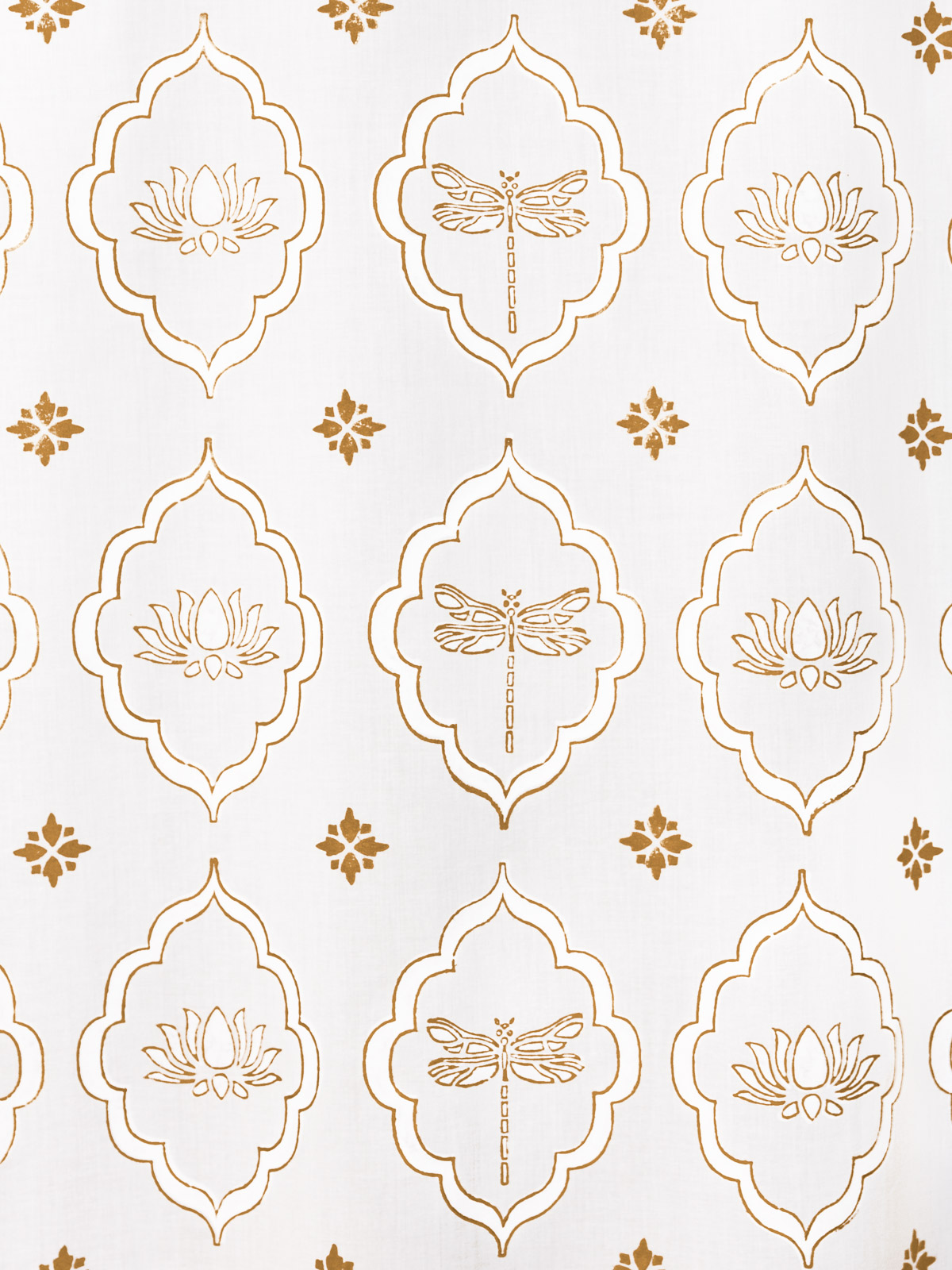 Dragonfly and Lotus ~ White and Gold Fabric With Botanical Print