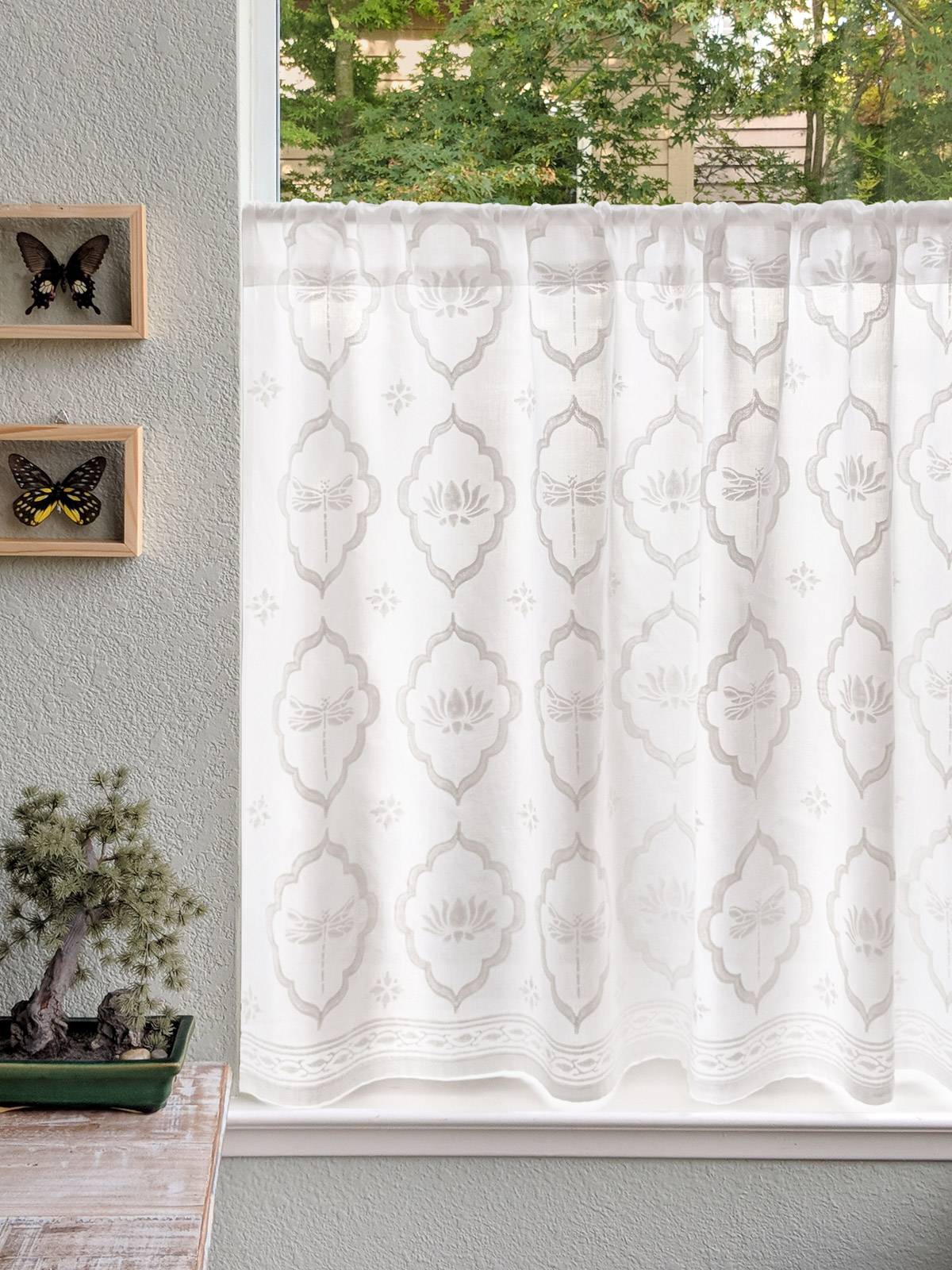 Dragonfly and Lotus ~ White on White Kitchen Tier Curtain