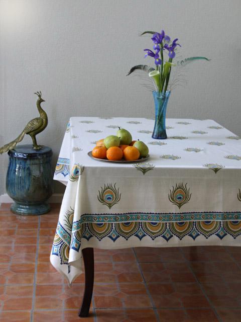 Dance O Peacock ~ Ivory Peacock Feather Print Elegant Tablecloth