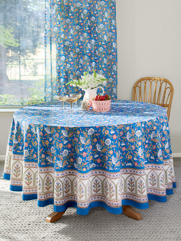 French Floral Round Cotton Tablecloth 70" Saffron