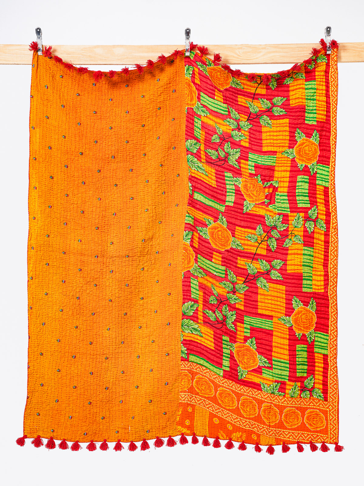 Saffron Rose Garden Throw Kantha Quilt
