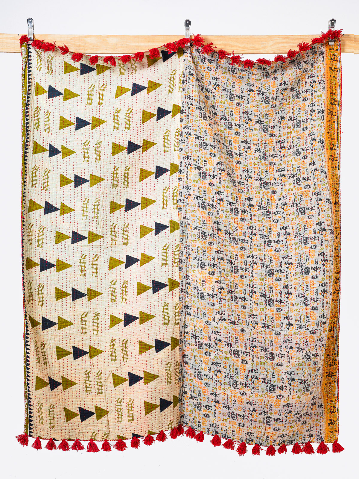 Golden Olive Courtyard Throw Kantha Quilt