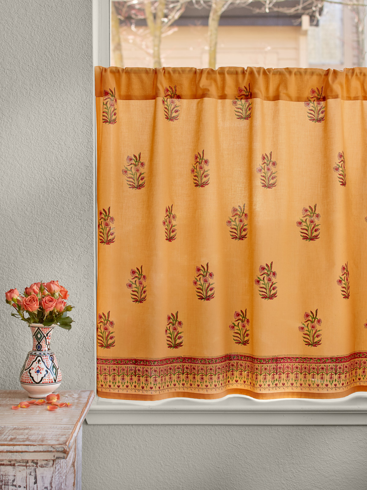 Indian Summer (CP) ~ Orange Floral India Kitchen Cafe Curtain