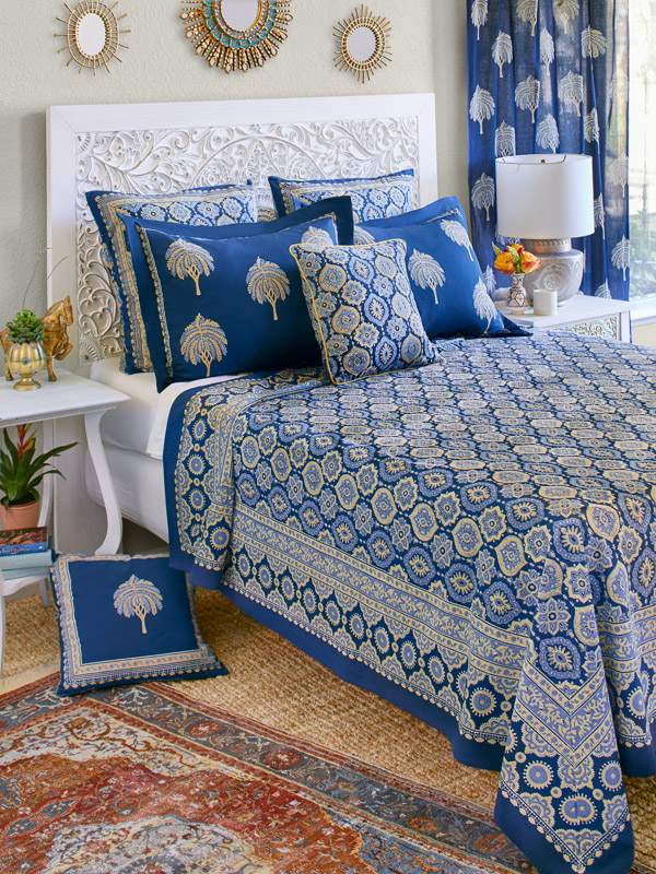 Istanbul ~ Moroccan Boho Style Navy Blue & Gold Bedspread