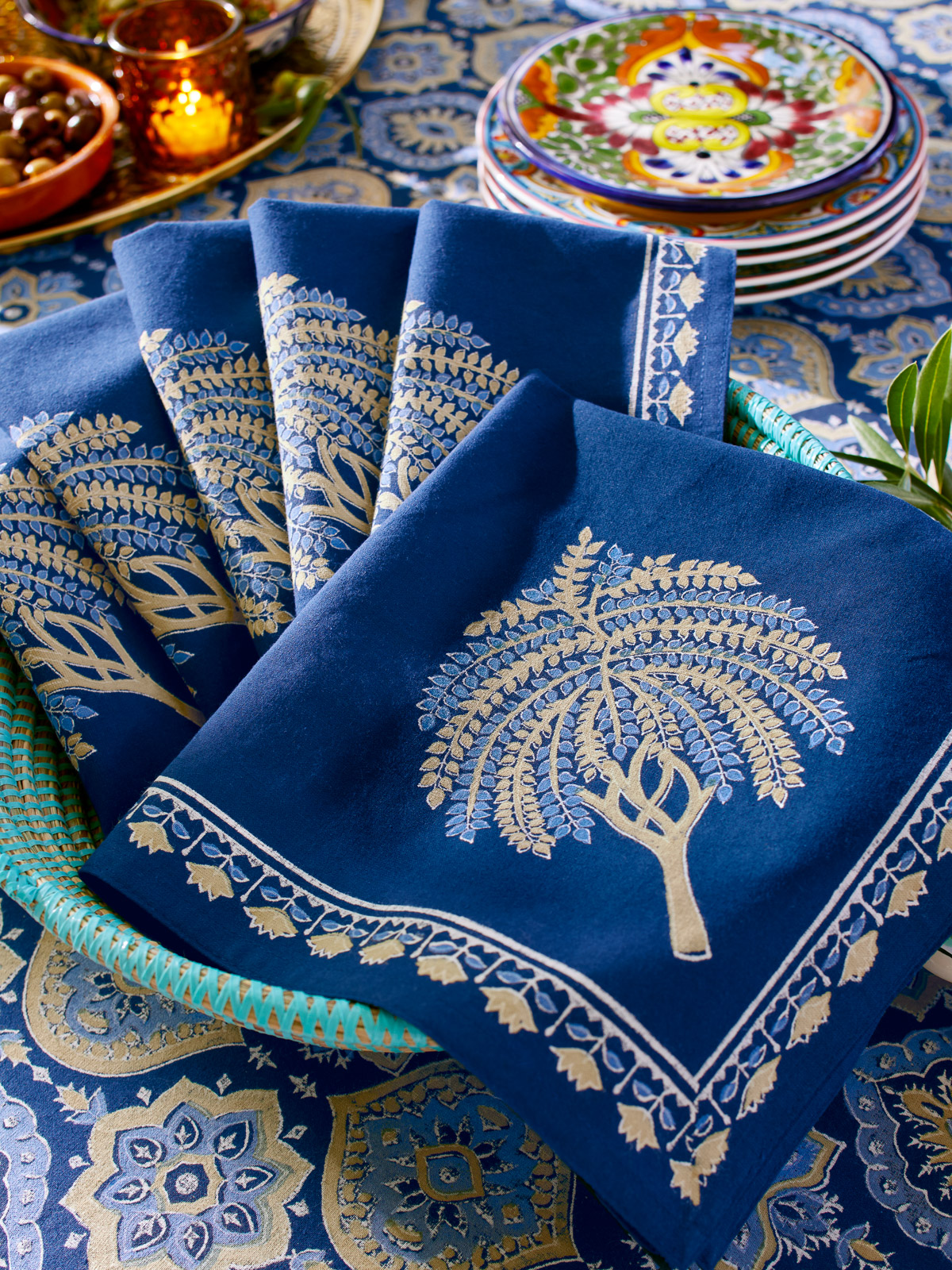 Istanbul ~ Palm Tree Boho Navy Blue & Gold Dinner Napkins