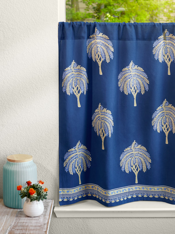 Istanbul - CP ~ Palm Tree Boho Style Navy Blue Kitchen Curtain