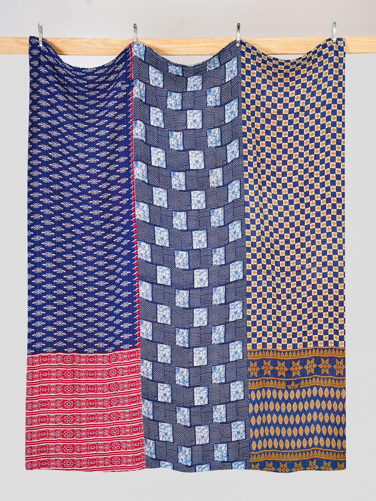 Indigo Crimson Geometric Kantha Quilt Queen