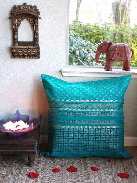 Jeweled Peacock (CP) ~ Turquoise Blue and Gold Sari Euro Sham
