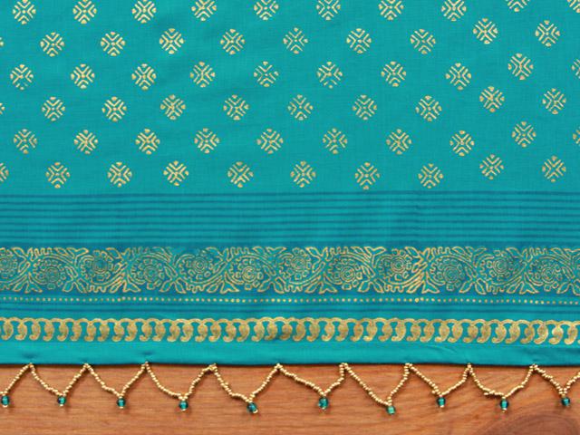 Jeweled Peacock ~ Orange Turquoise Blue Fabric with Gold Indian Print in Cotton (Voile - 10in inch) by Saffron Marigold