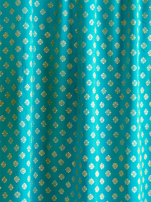 Jeweled Peacock ~ Turquoise Blue Fabric With Gold Indian Print