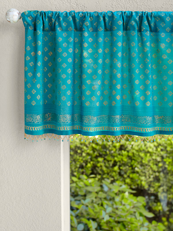 Jeweled Peacock ~ Turquoise Blue and Gold Sari Beaded Valance