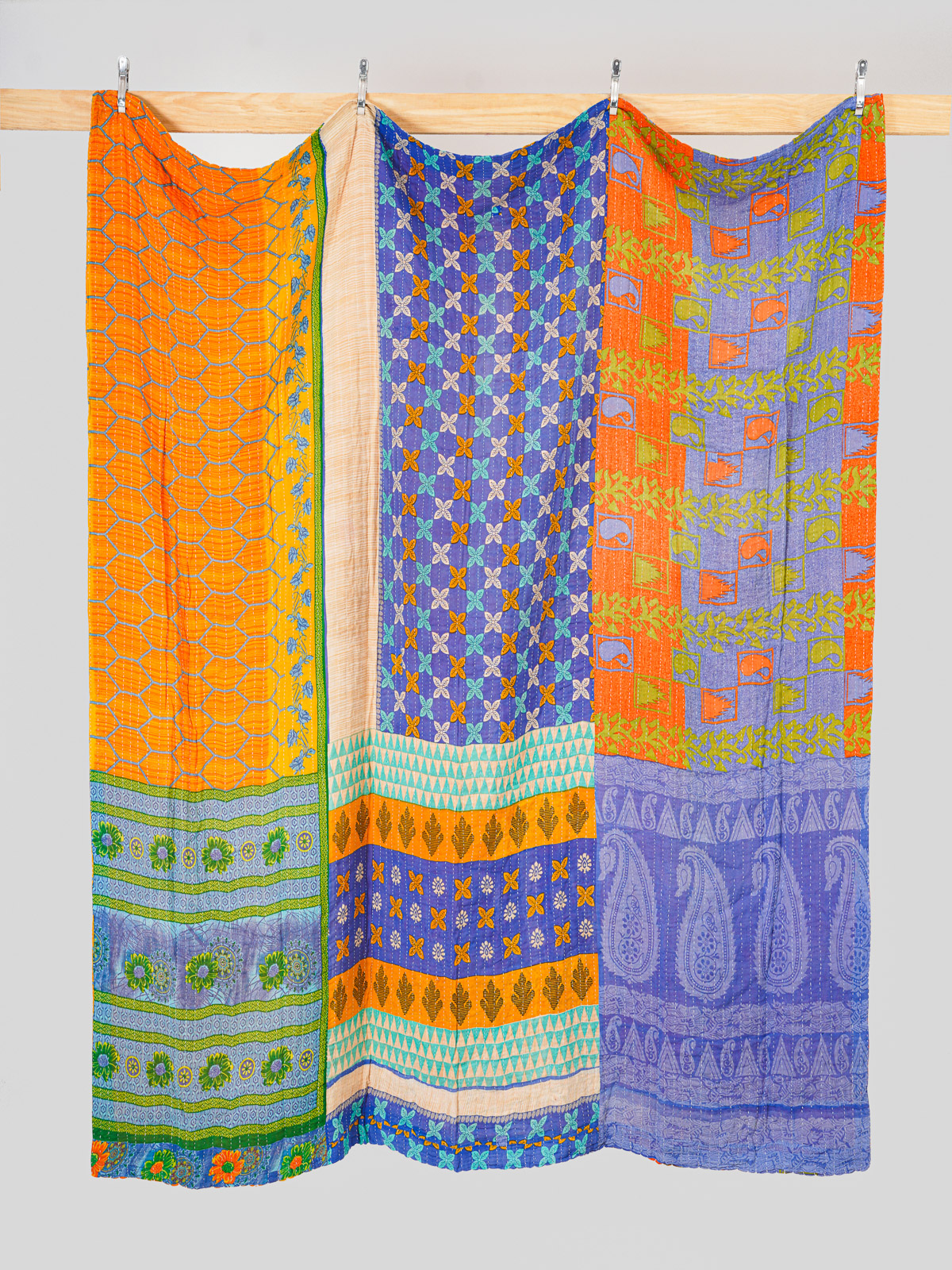 Blue Marigold Courtyard Queen Kantha Quilt