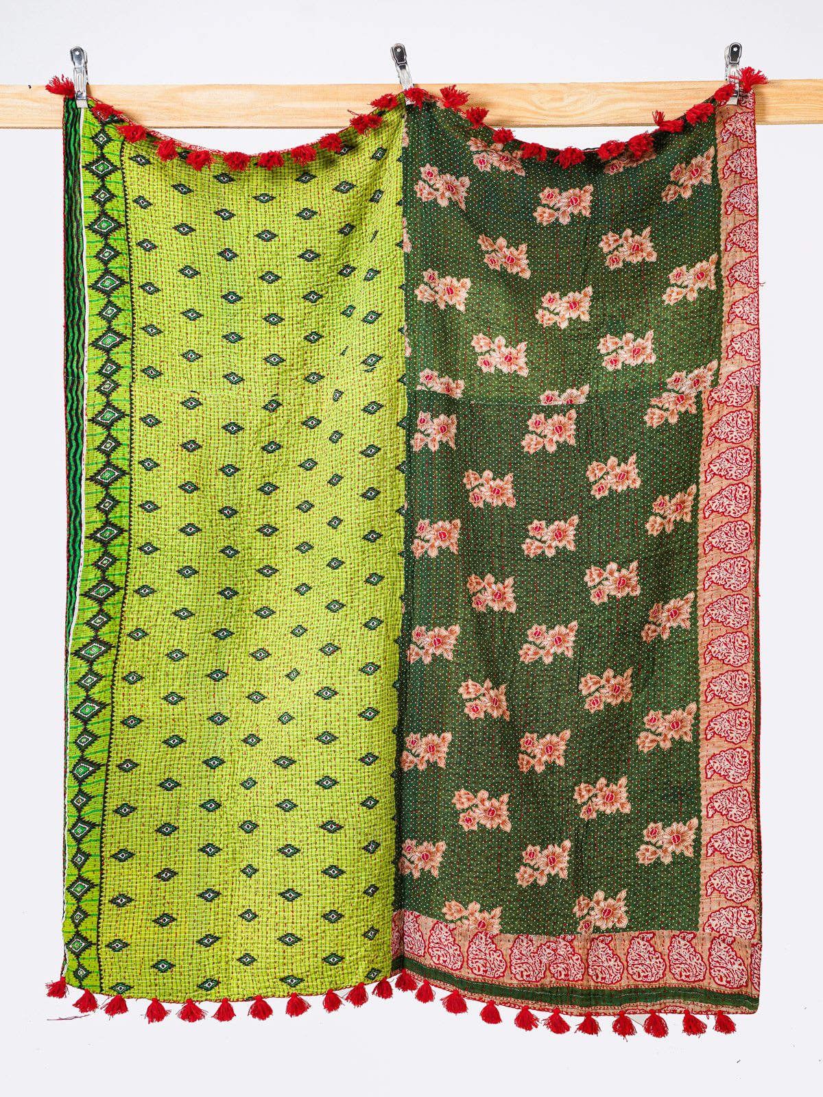 Verdant Garden Lime & Rose Throw Kantha Quilt