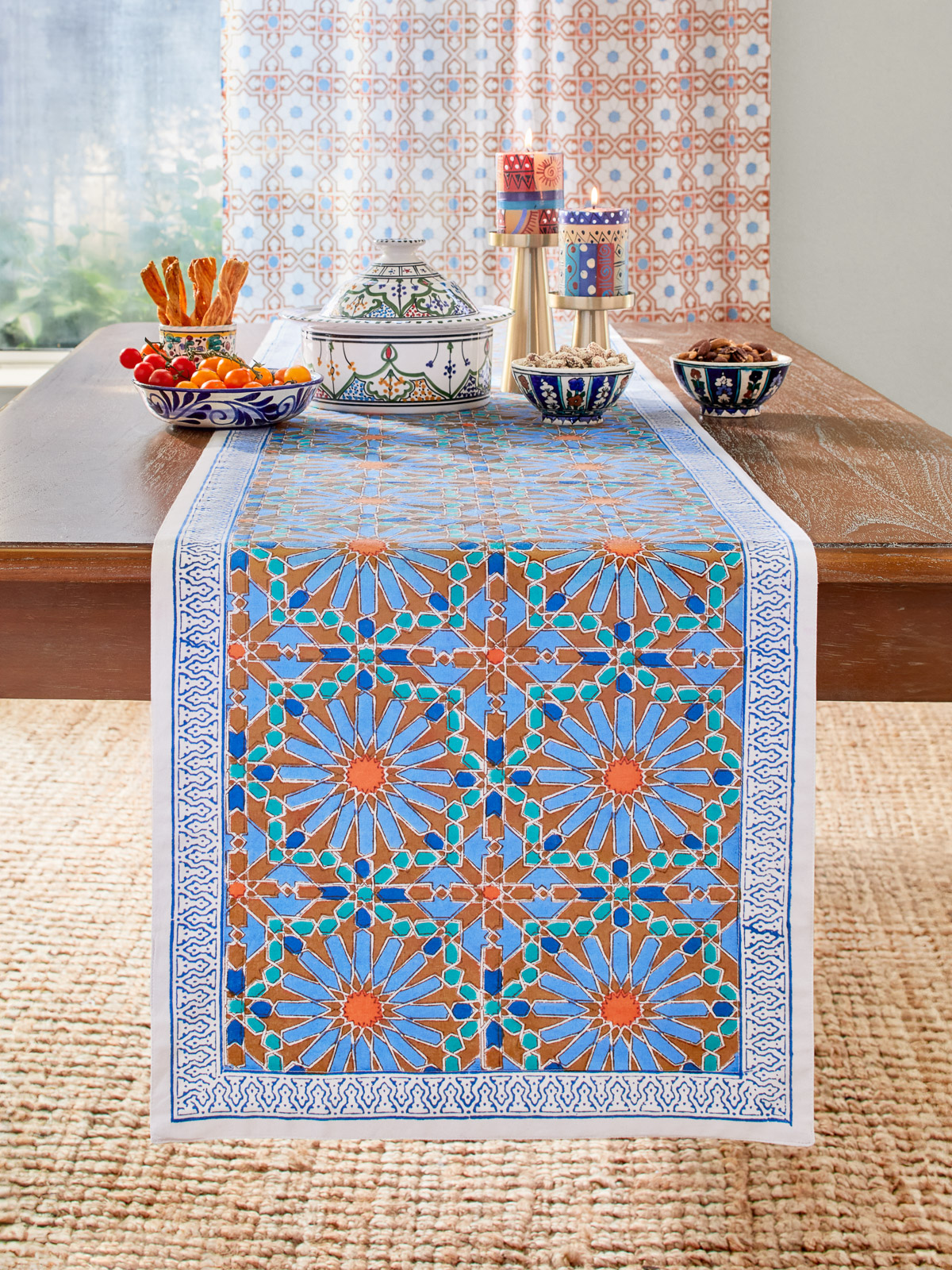 Moroccan tile, Table runner, Blue, Brown | Saffron Marigold